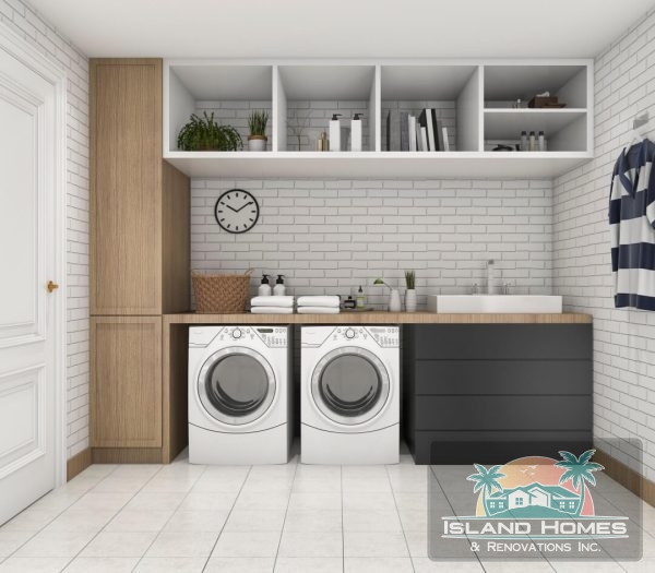 A laundry room featuring a washer and dryer, with shelves and laundry supplies visible in the background.