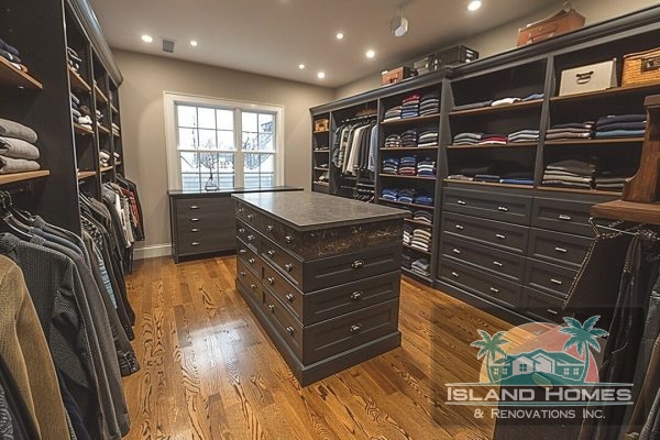 Closet features dark wood cabinetry and shelving