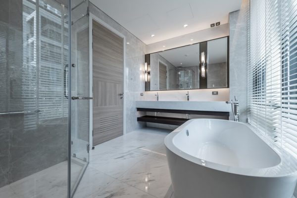 Picture of Elegant Bathroom Including Shower, Tub Picture of Elegant Bathroom Including Shower, Tub and floating Vanity
